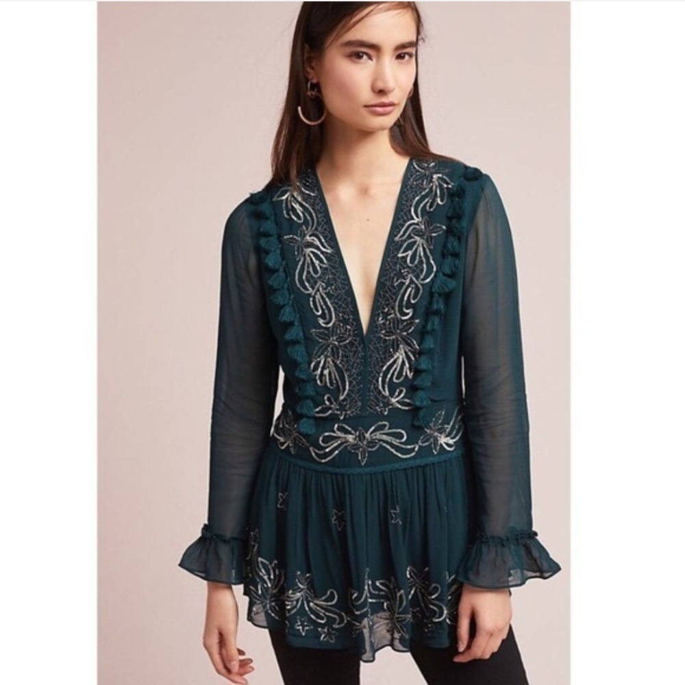 Ranna Gill Anthropologie Teal Sequin Tassel Peplum Blouse Green Small